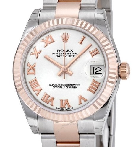 Datejust Lady's 31mm in Steel with Rose Gold Fluted Bezel on Oyster Bracelet with White Roman Dial