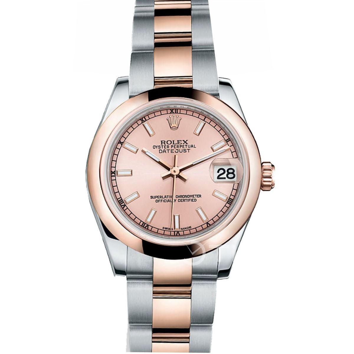 Mid Size Datejust - 2-Tone - Smooth Bezel - 31mm on Oyster Bracelet with Pink Stick Dial