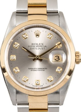 Datejust 36mm 2-Tone with Yellow Gold Smooth Bezel on Oyster Bracelet with Silver Diamond Dial