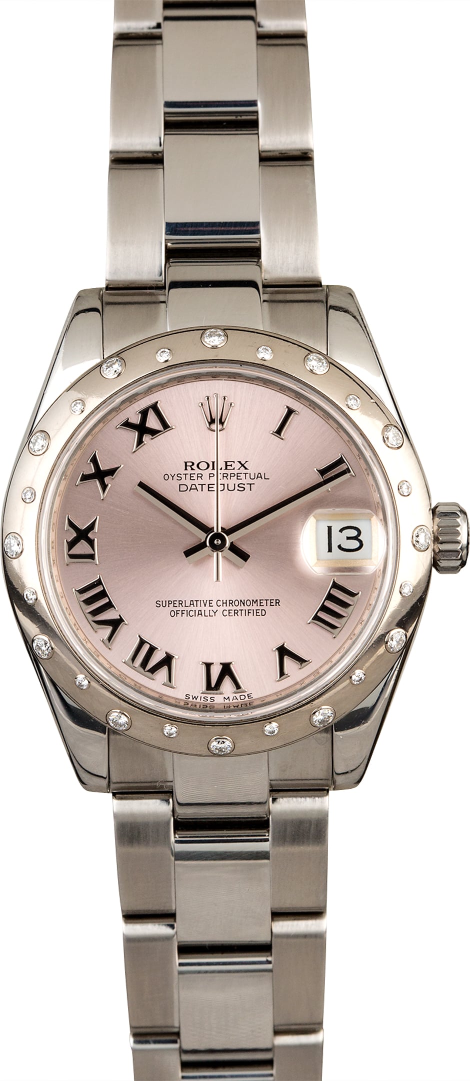 DateJust 31mm in Steel with White Gold Diamond Bezel on Steel Oyster Bracelet with Pink Roman Dial