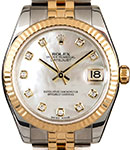 Datejust 31mm in Steel with Yellow Gold Fluted Bezel on Jubilee Bracelet with White MOP Diamond Dial