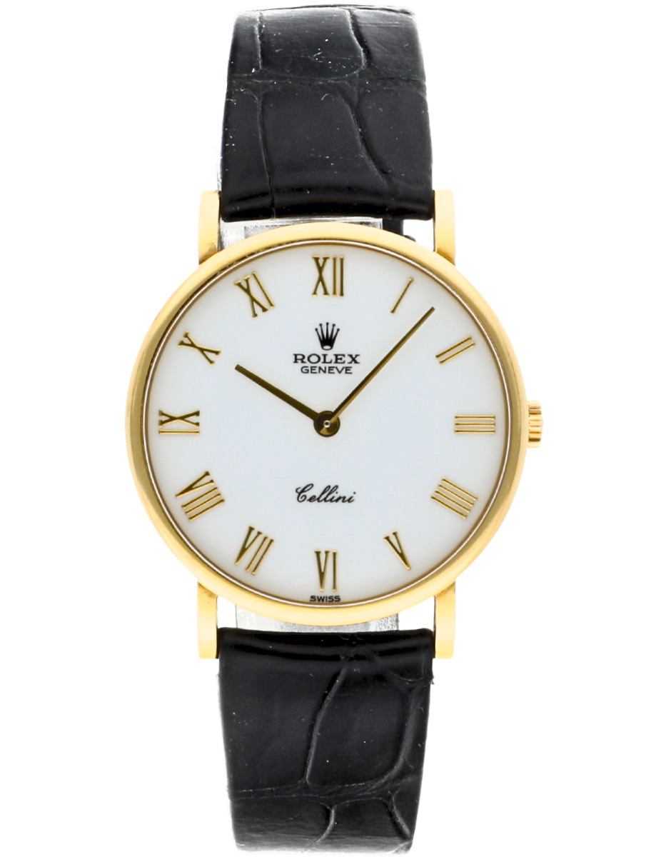 Cellini Classic - Yellow Gold - 32mm on Black Strap with White Roman Dial