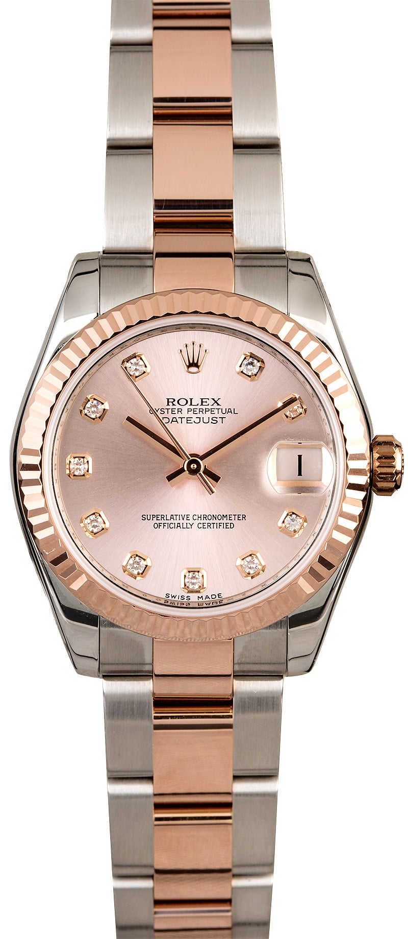 Datejust Lady 31mm in Steel with Rose Gold Fluted Bezel   on Oyster Bracelet with Pink Diamond Dial