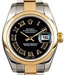 Datejust 26mm in Steel with Yellow Gold Domed Bezel on Oyster Bracelet with Black Sunbeam Roman Dial