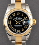 Datejust 26mm in Steel with Yellow Gold Domed Bezel on Oyster Bracelet with Black Sunbeam Roman Dial