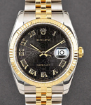 Datejust 36mm in Steel with Yellow Gold Fluted Bezel on Jubilee Bracelet with Black Jubilee Roman Dial