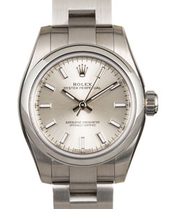 Ladies Oyster Perpetual No Date in Steel with Smooth Bezel on Oyster Bracelet with Silver Stick Dial