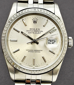 Datejust 36mm in Steel and White Gold with Engine Bezel on Jubilee Bracelet with Silver Stick Dial