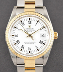 Date 34mm in Steel with Yellow Gold Fluted Bezel on Oyster Bracelet with White Roman Dial