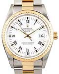 Date 34mm in Steel with Yellow Gold Fluted Bezel on Oyster Bracelet with White Roman Dial