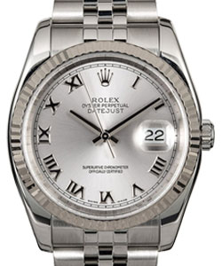 Datejust 36mm with White Gold Fluted Bezel on Jubilee Bracelet with Silver Roman Dial