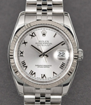 Datejust 36mm with White Gold Fluted Bezel on Jubilee Bracelet with Silver Roman Dial