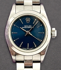 Ladies No Date in Steel with Smooth Bezel On Oyster Bracelet with Blue Stick Dial