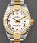 Datejust Ladies 26mm in Steel with Yellow Gold Fluted Bezel on Oyster Bracelet with Ivory Pyramid Roman Dial