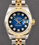 Datejust 26mm Ladies in Steel with Yellow Gold Fluted Bezel on Bracelet with Blue Diamond Dial