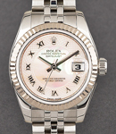 Lady's Date 26mm in Steel with White Gold Fluted Bezel on Jubilee Bracelet with Pink Decorated MOP Roman Dial