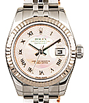 Lady's Date 26mm in Steel with White Gold Fluted Bezel on Jubilee Bracelet with Pink Decorated MOP Roman Dial