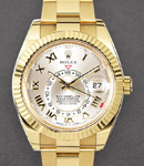 Sky Dweller 42mm in Yellow Gold with Fluted Bezel on Oyster Bracelet with Silver Sunray Roman Dial