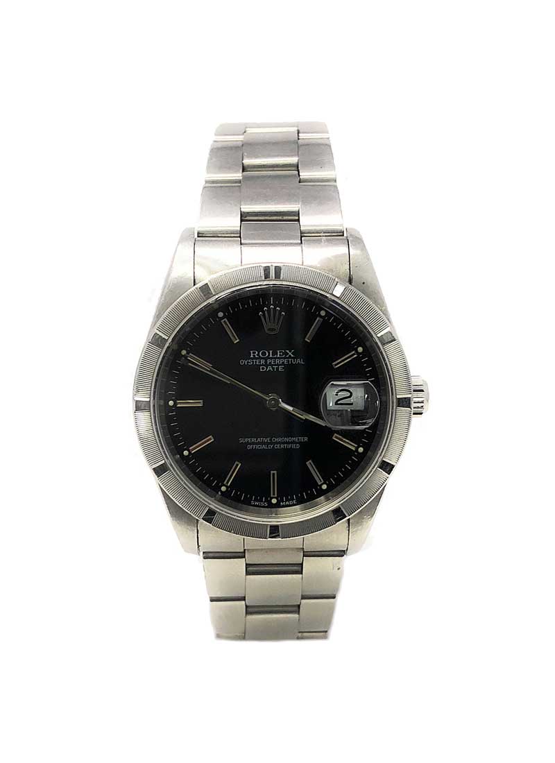 Pre-Owned Rolex Date 34mm in Steel with Engine Turned Bezel