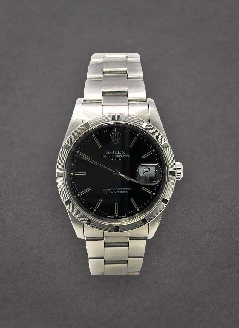 Pre-Owned Rolex Date 34mm in Steel with Engine Turned Bezel