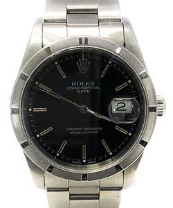 Date 34mm in Steel with Engine Turned Bezel on Oyster Bracelet with Black Stick Dial