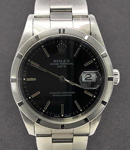 Date 34mm in Steel with Engine Turned Bezel on Oyster Bracelet with Black Stick Dial