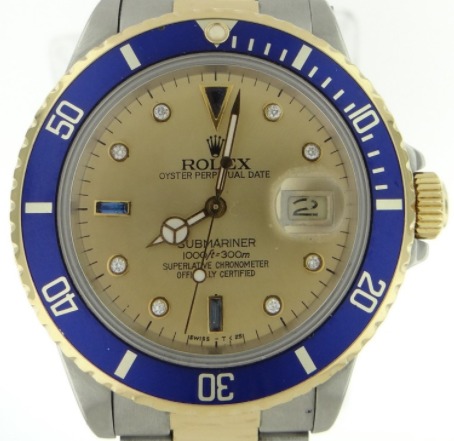 Submariner 2-Tone in Steel and Yellow Gold Blue Bezel on Oyster Bracelet with Champagne Serti Diamond Dial