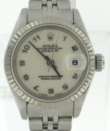 Datejust Lady's in Steel with White Gold Fluted Bezel on Steel Jubilee Bracelet with White Arabic Dial
