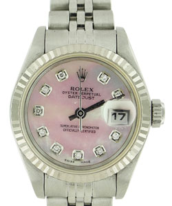 Datejust Ladies in Steel with White Gold Fluted Bezel on Steel Jubilee Bracelet with Pink MOP Diamond Dial