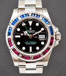 GMT-Master II - Steel with Red and Blue custom Diamond Bezel on Oyster Bracelet with Black Diamond  Dial