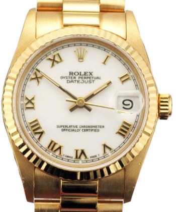 Midsize President  31mm - Yellow Gold with Fluted Bezel on President Bracelet with White Roman Dial