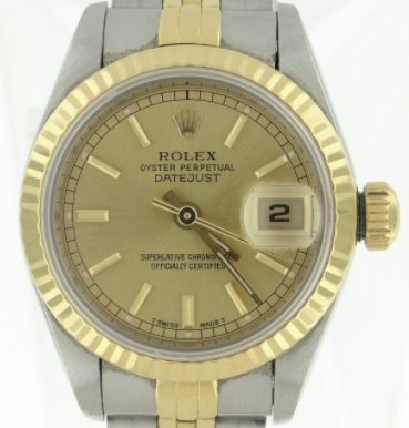 Lady's 2-Tone Datejust in Steel with Yellow Gold Fluted Bezel on Steel and Yellow Gold Jubilee Bracelet with Champagne Stick Dial