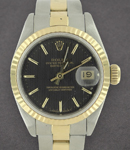 Ladies 2-Tone Datejust in Steel with Yellow Gold Fluted Bezel on Steel and Yellow Gold Oyster Bracelet with Black Tapestry Stick Dial