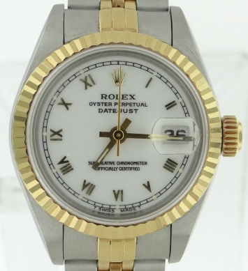Lady's 2-Tone Datejust in Steel and Yellow Gold Fluted Bezel on Steel and Yellow Gold Jubilee Bracelet with MOP Roman Dial