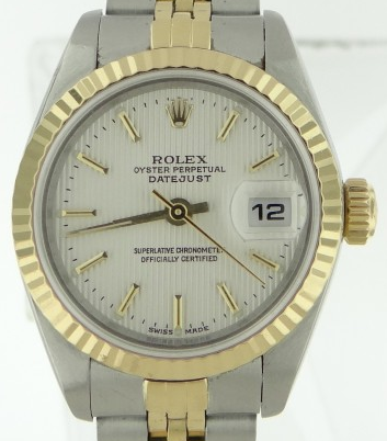 Datejust Ladies in Steel with Yellow Gold Fluted Bezel on jubilee Bracelet with White Tapestry Dial
