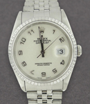 Datejust 36mm in Steel with Engine Turned Bezel on Jubilee Bracelet with White Arabic Dial