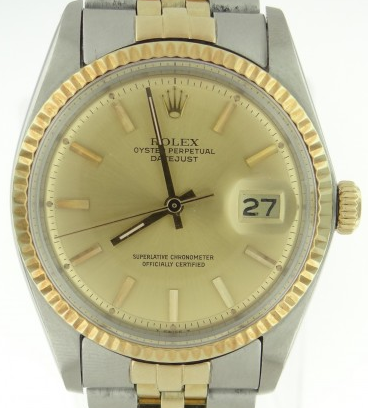 2 Tone Datejust 36mm with Yellow Gold Fluted Bezel on jubilee Bracelet with Champagne Stick Dial