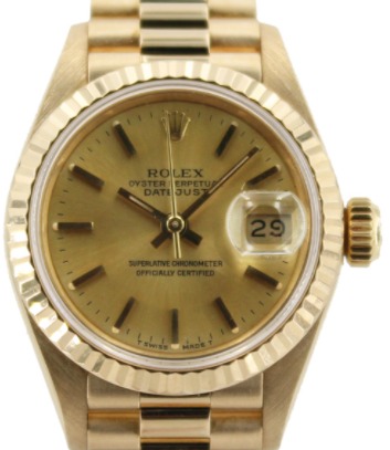 Datejust Ladies President in Yellow Gold with Fluted Bezel on President Bracelet with Champagne Stick Dial