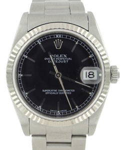 31mm Datejust in Steel with White Gold Fluted Bezel on Oyster Bracelet with Black Stick Dial