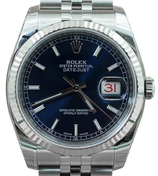 Datejust 36mm with White Gold Fluted Bezel on Jubilee Bracelet with Blue Luminous Dial