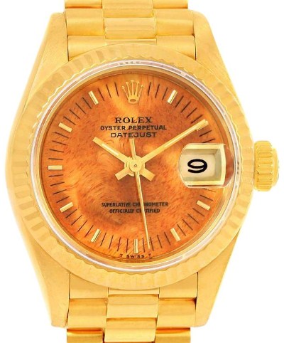 President 25mm Automatic in Yellow Gold with Fluted Bezel on Yellow Gold President Bracelet with Wooden Stick Dial