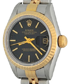 Ladys 2-Tone Datejust in Steel with Yellow Gold Fluted Bezel on Steel and Yellow Gold Jubilee Bracelet with with Black Tapestry Stick Dial