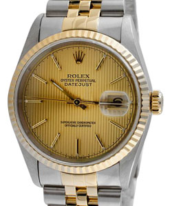 2-Tone Datejust 36mm with Yellow Gold Fluted Bezel on Jubilee Bracelet with Champagne Tapestry Stick Dial
