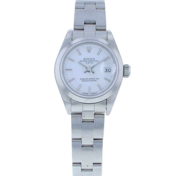 Ladies Date in Steel with Smooth Bezel On Steel Oyster Bracelet with White Stick Dial