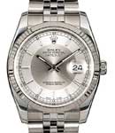 Datejust 36mm in Steel with White Gold Fluted Bezel on Jubilee Bracelet with Grey and Silver Stick Tuxedo Dial