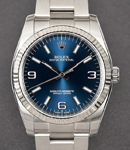 Oyster Perpetual 36mm in Steel with Fluted Bezel on Oyster Bracelet with Blue Arabic and Stick Dial