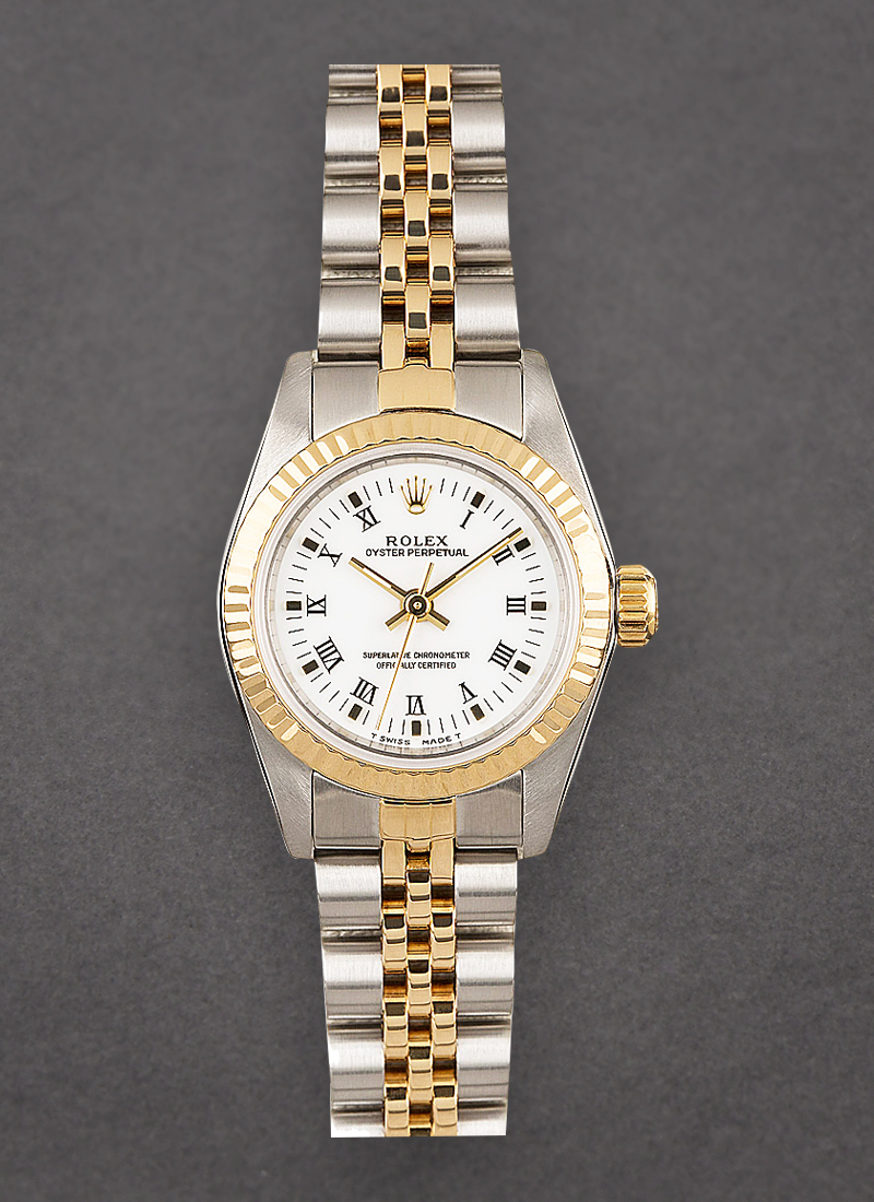 Pre-Owned Rolex Ladies Oyster Perpetual 24mm in Steel with Yelllow Gold Fluted Bezel