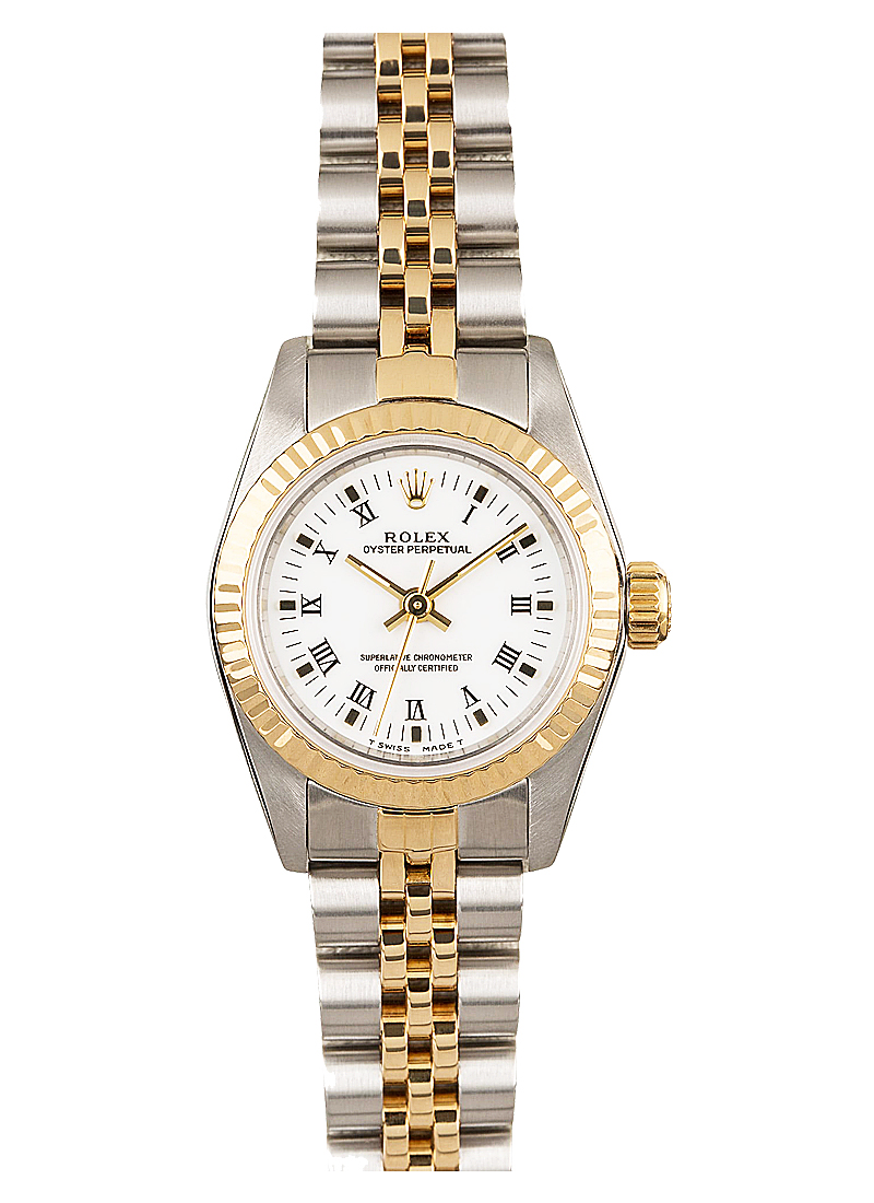 Pre-Owned Rolex Ladies Oyster Perpetual 24mm in Steel with Yelllow Gold Fluted Bezel