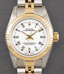 Ladies Oyster Perpetual 24mm in Steel with Yelllow Gold Fluted Bezel on Jubilee Bracelet with White Roman Stick Dial