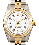 Ladies Oyster Perpetual 24mm in Steel with Yelllow Gold Fluted Bezel on Jubilee Bracelet with White Roman Stick Dial